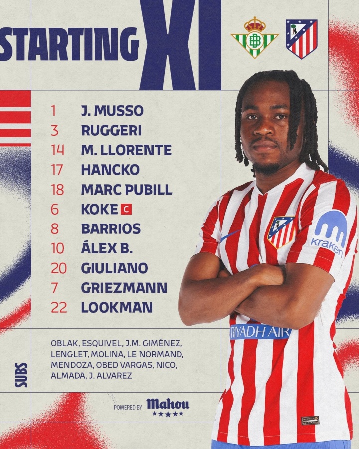 开云移动端-马竞首发：格列兹曼、科克领衔，小蜘蛛替补，新援卢克曼出战